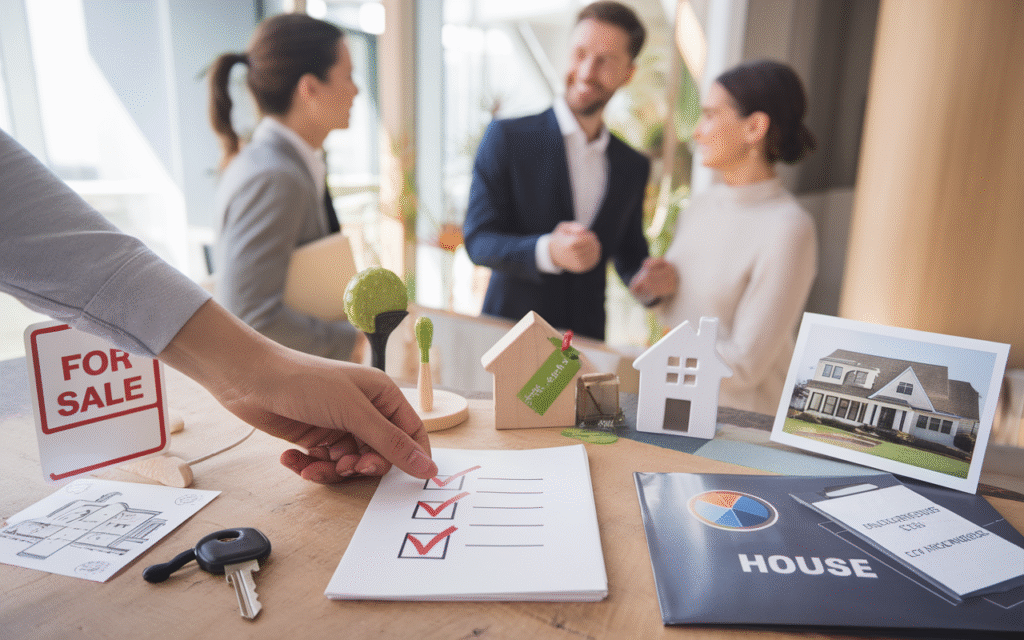 Agent immobilier discutant avec un couple devant une maison à vendre