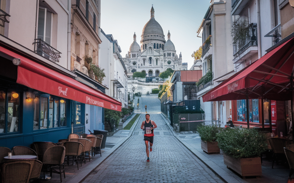 Personne courant à Montmartre avec vue sur le Sacré-Cœur à Paris 18