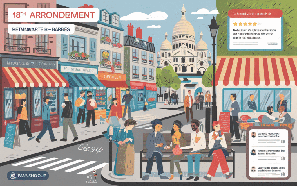 Rue animée du 18ᵉ arrondissement de Paris avec des passants et des commerces