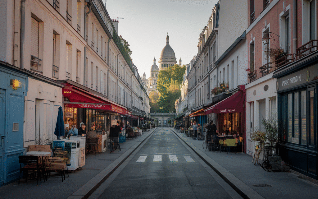 Vue typique du quartier des Grandes-Carrières à Paris avec ses immeubles haussmanniens et rues animées