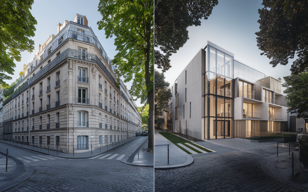 Comparaison entre un immeuble ancien et un immeuble neuf dans le 18e arrondissement de Paris