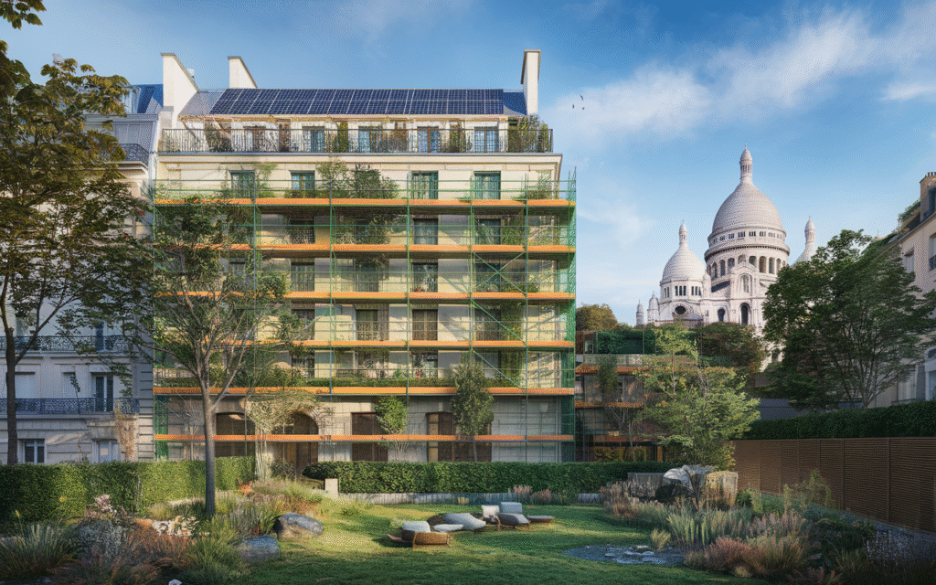 Vue d’un bâtiment rénové de manière écologique dans le 18e arrondissement de Paris