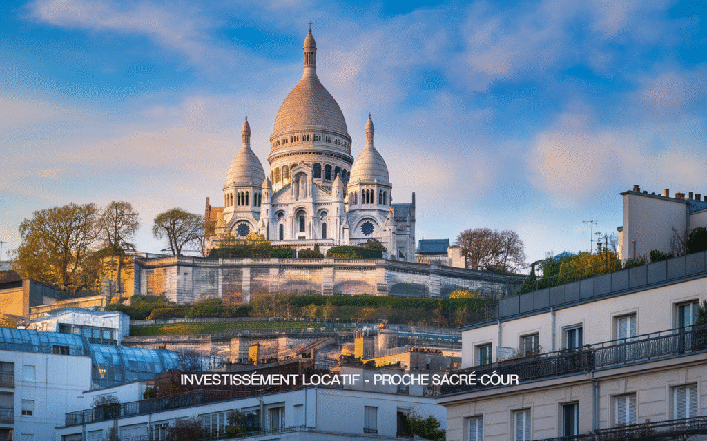 Vue sur la Basilique du Sacré-Cœur avec des immeubles parisiens en premier plan