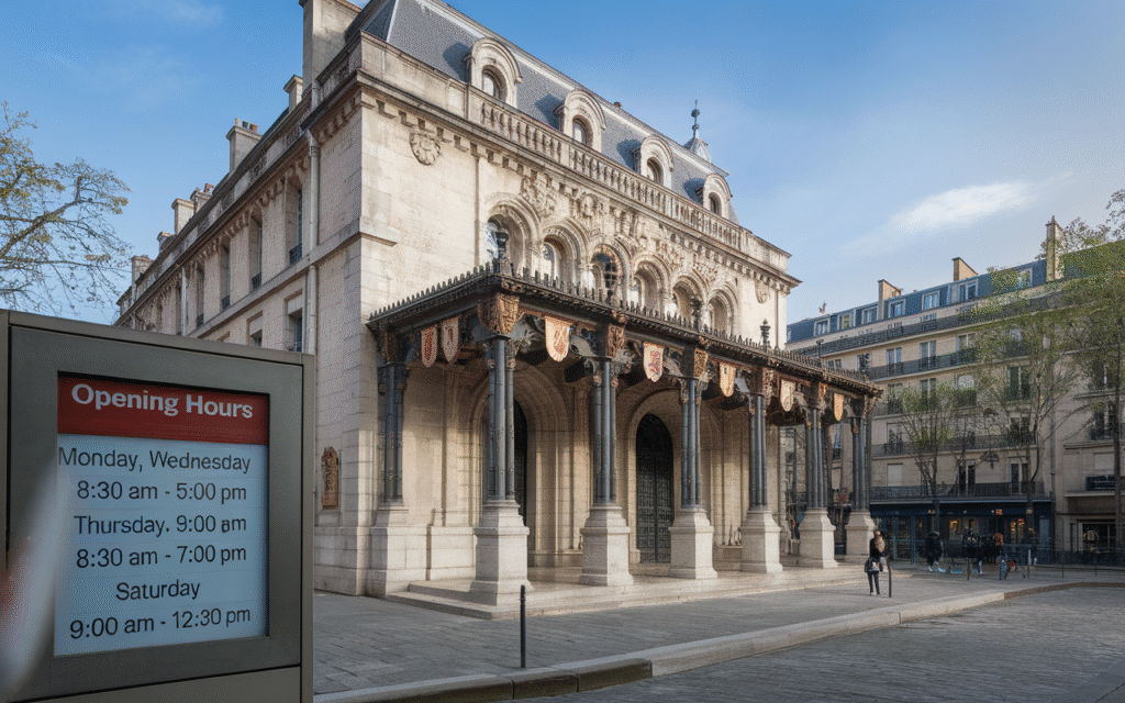 Façade de la mairie du 18ᵉ arrondissement de Paris avec ses horaires d'ouverture
