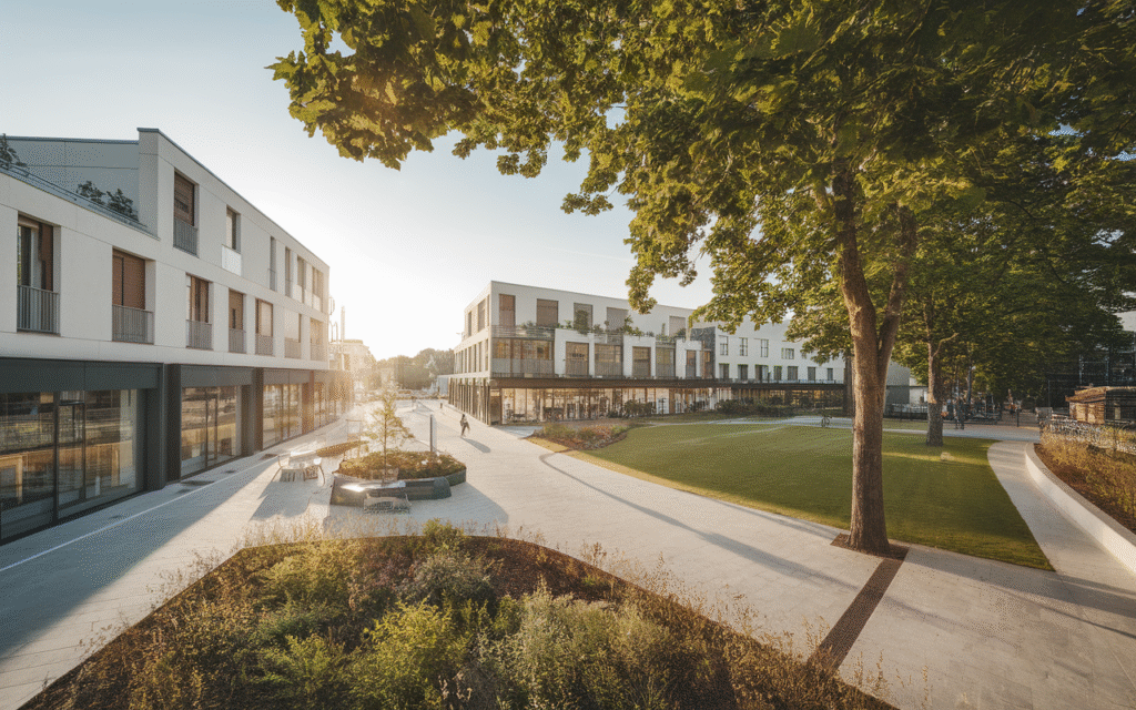 Vue panoramique d’un quartier résidentiel à La Chapelle avec des immeubles modernes, représentant des opportunités d’investissement