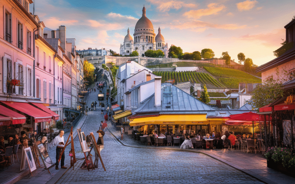 Vue panoramique de Montmartre avec la basilique du Sacré-Cœur et les toits parisiens