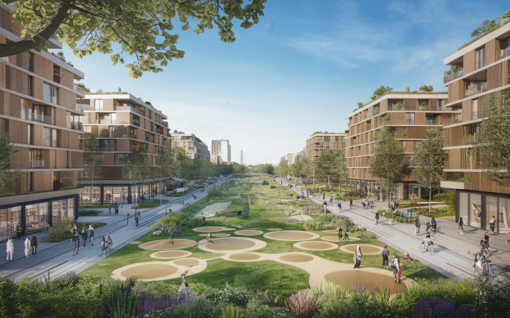 Vue des futurs aménagements urbains dans le 18e arrondissement de Paris avec espaces verts et bâtiments modernes