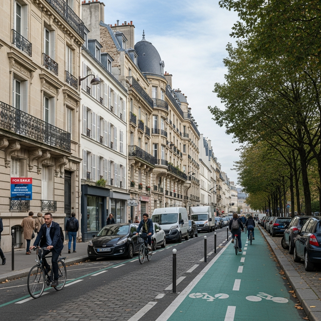 Vue d'une piste cyclable à Paris 18 avec des cyclistes et des immeubles en arrière-plan