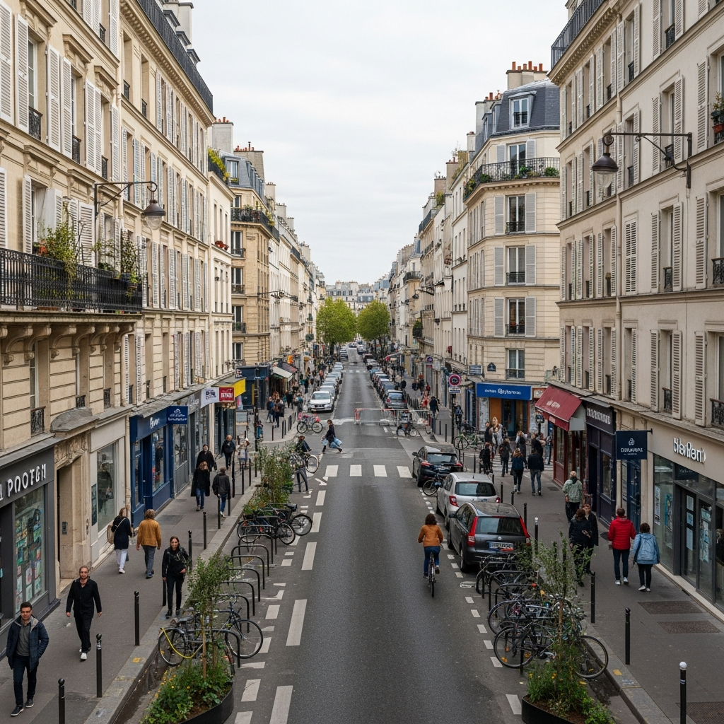 Rue des Abbesses à Paris pendant le plan Paris Respire, sans circulation automobile