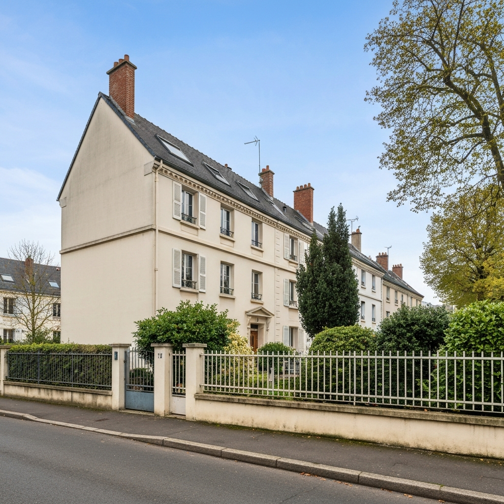 Vue d'un immeuble ancien en cours de rénovation énergétique avec des échafaudages et des panneaux solaires