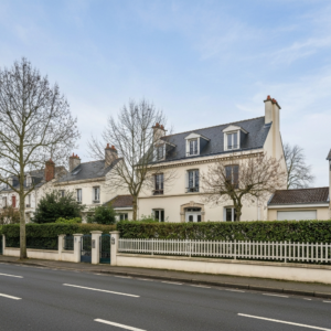 Une maison moderne avec un panneau de sécurité à l'avant, symbolisant la sécurité dans la location courte durée