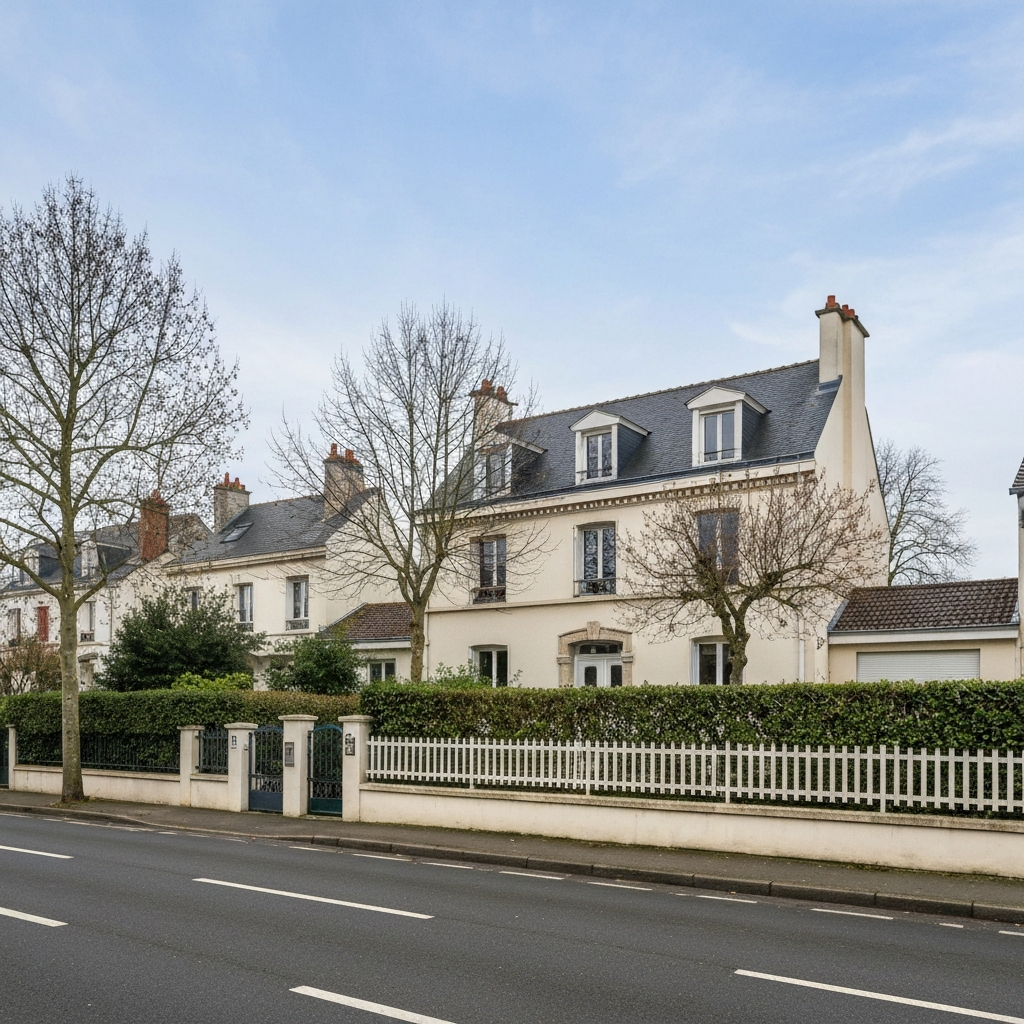 Une maison moderne avec un panneau de sécurité à l'avant, symbolisant la sécurité dans la location courte durée